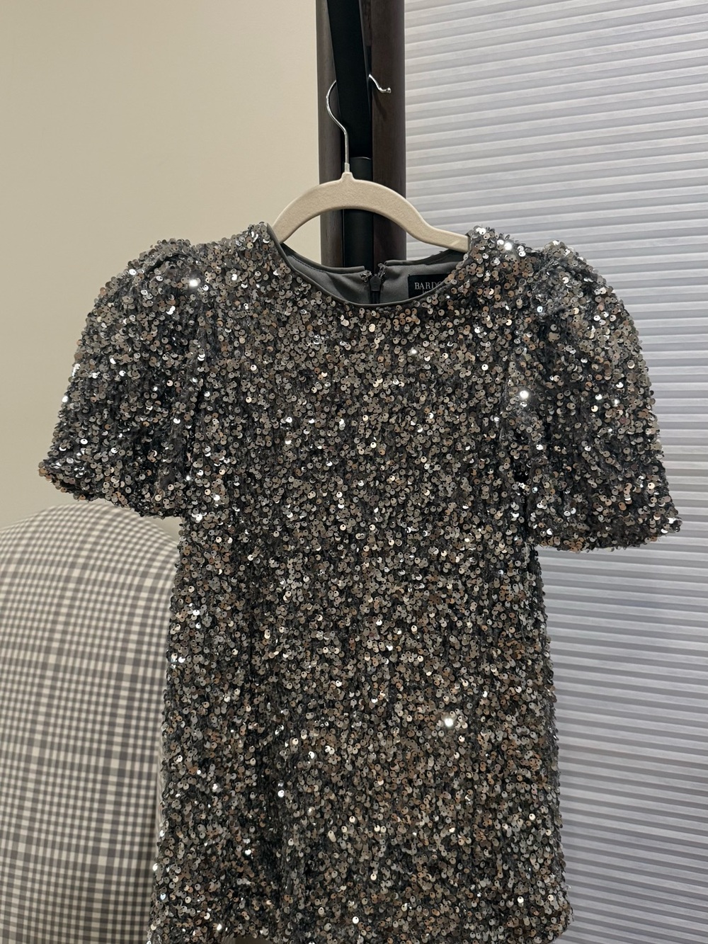 Bardot Silver Sequined Puff-Sleeve Girls Dress